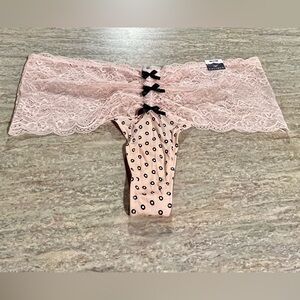 NWT Cacique Pink Salmon Lace Polka Dot Thong with Black Bows